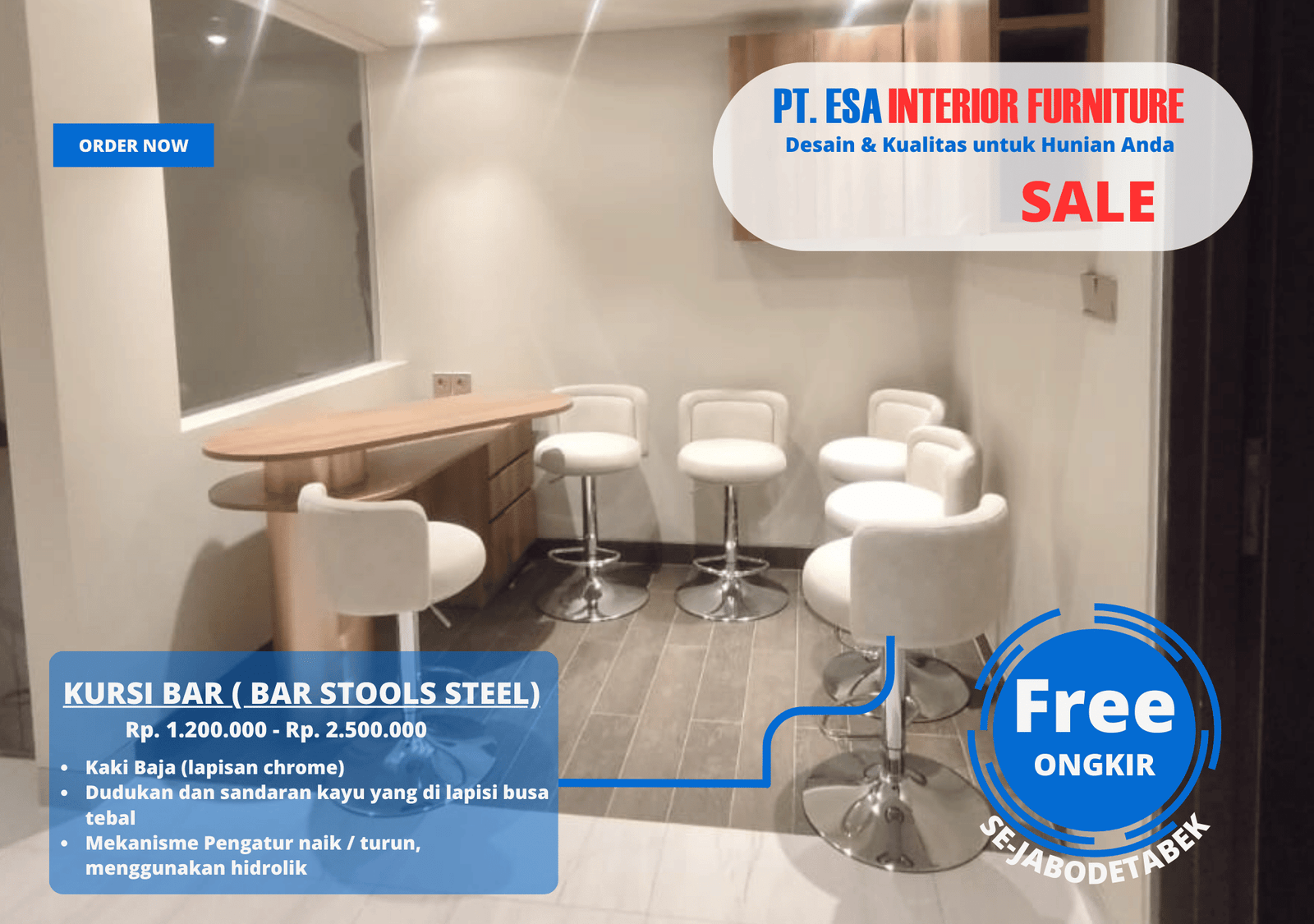 Kursi Bar Steel Putih Hidrolik Minimalis Kaki Chrome Modern untuk Meja Bar Dapur