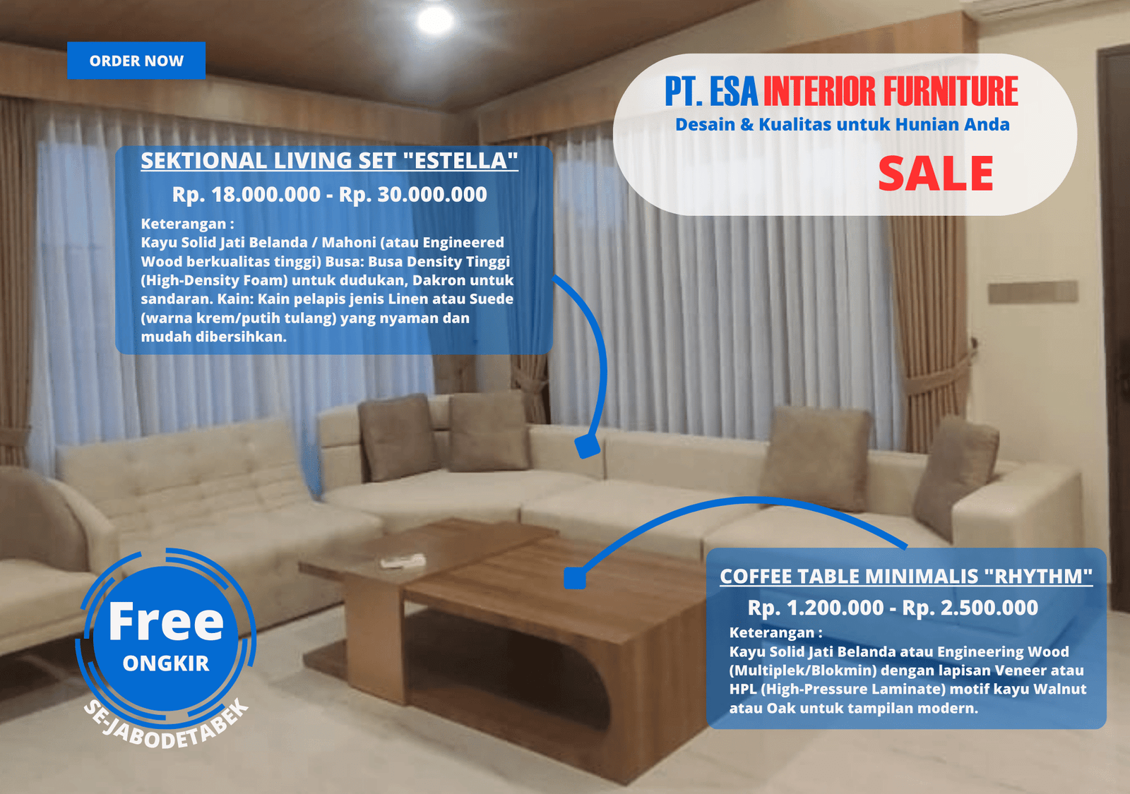 Sofa Sektional Estella Krem dan Coffee Table Rhythm Kayu di Ruang Tamu Modern Proyek PT ESA INTERIOR FURNITURE.